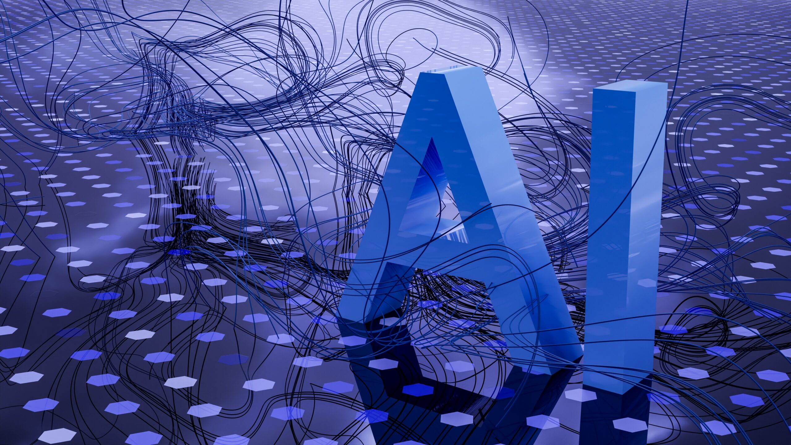 3D illustration with computer wires and the letters AI in the forefront.